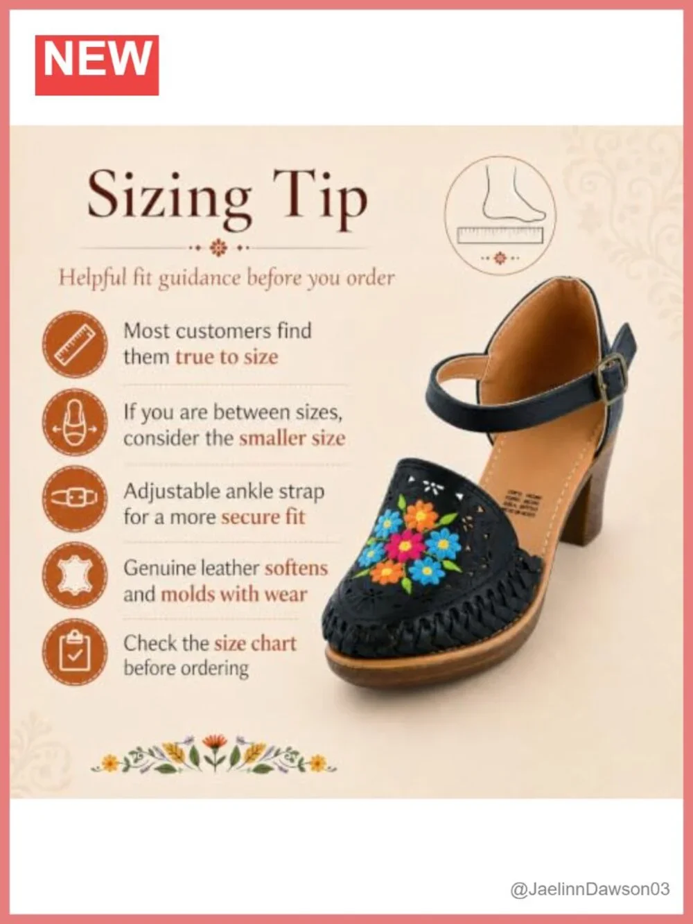 Handmade Genuine Leather Embroidered Block Heel Sandals with Ankle Strap